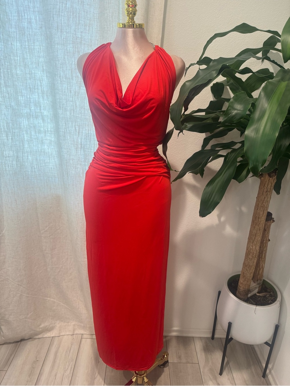 Red Draped Halter Maxi Dress - Elegant Evening Gown